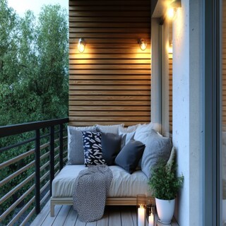 Scandinavian Balcony Design with Wooden Grooved Panel Wall